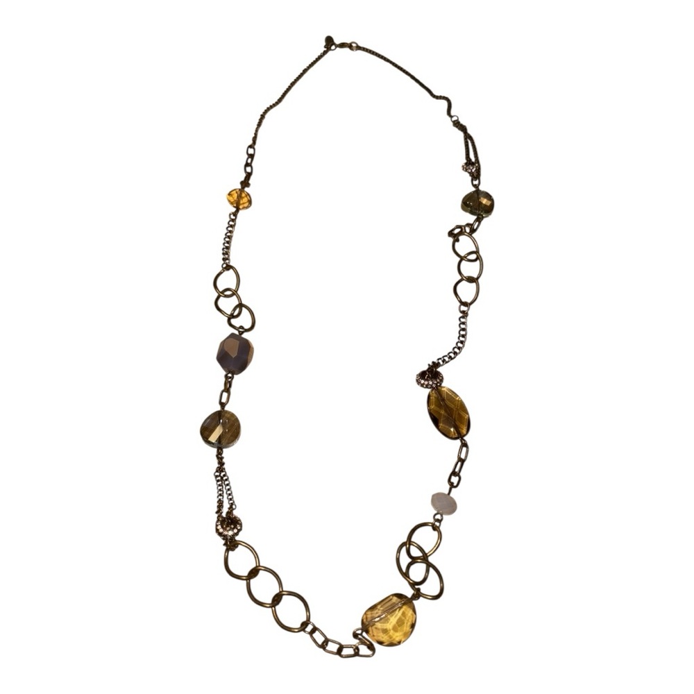 Loft Long Beaded & Chain Statement Necklace – Amber & Neutral Tones JB9